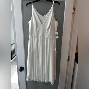 Dress the Population white midi dress with lace trim.